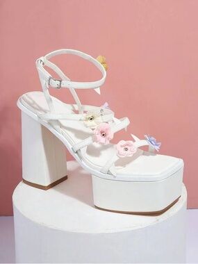 Ego White Floral Platform Block Heel Sandals